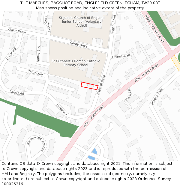 THE MARCHES, BAGSHOT ROAD, ENGLEFIELD GREEN, EGHAM, TW20 0RT: Location map and indicative extent of plot