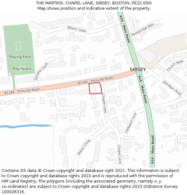 THE MARTINS, CHAPEL LANE, SIBSEY, BOSTON, PE22 0SN: Location map and indicative extent of plot