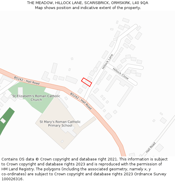 THE MEADOW, HILLOCK LANE, SCARISBRICK, ORMSKIRK, L40 9QA: Location map and indicative extent of plot