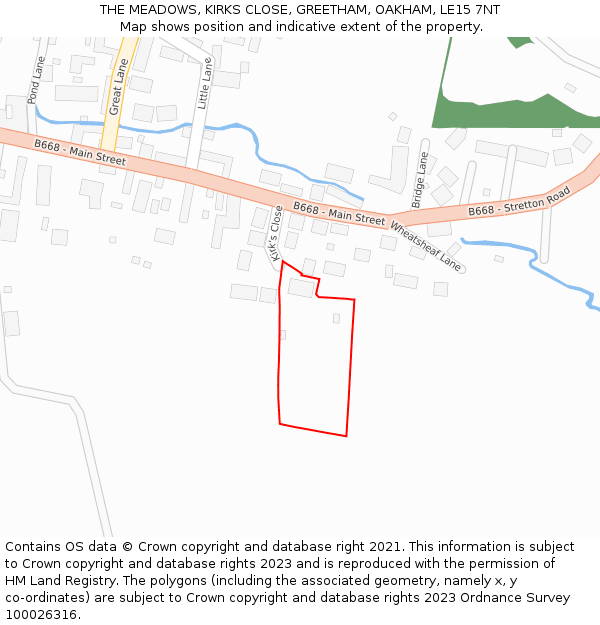 THE MEADOWS, KIRKS CLOSE, GREETHAM, OAKHAM, LE15 7NT: Location map and indicative extent of plot