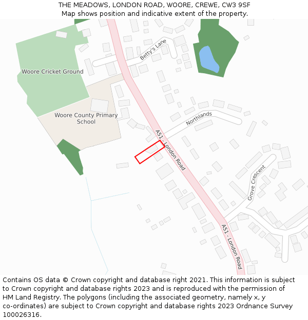 THE MEADOWS, LONDON ROAD, WOORE, CREWE, CW3 9SF: Location map and indicative extent of plot