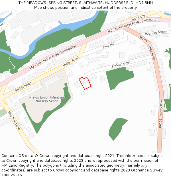 THE MEADOWS, SPRING STREET, SLAITHWAITE, HUDDERSFIELD, HD7 5HN: Location map and indicative extent of plot