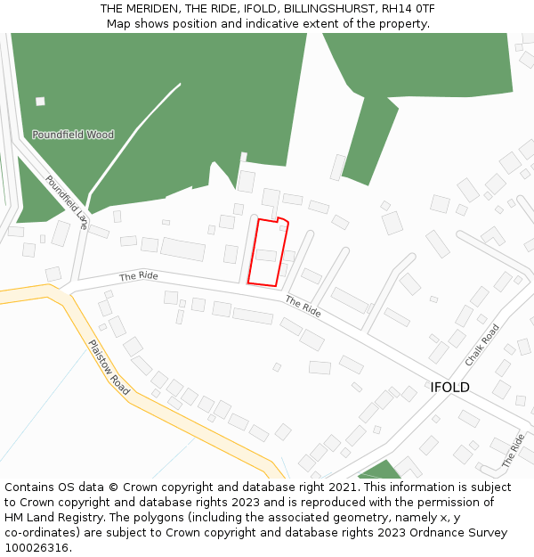 THE MERIDEN, THE RIDE, IFOLD, BILLINGSHURST, RH14 0TF: Location map and indicative extent of plot