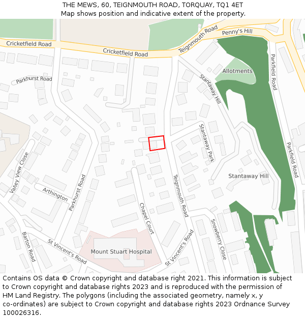 THE MEWS, 60, TEIGNMOUTH ROAD, TORQUAY, TQ1 4ET: Location map and indicative extent of plot