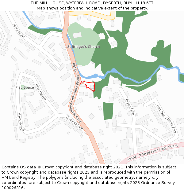 THE MILL HOUSE, WATERFALL ROAD, DYSERTH, RHYL, LL18 6ET: Location map and indicative extent of plot