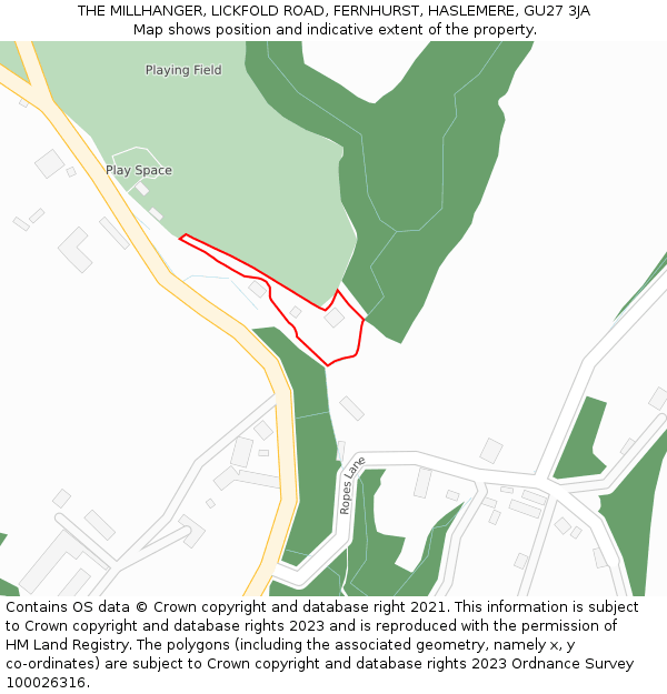 THE MILLHANGER, LICKFOLD ROAD, FERNHURST, HASLEMERE, GU27 3JA: Location map and indicative extent of plot