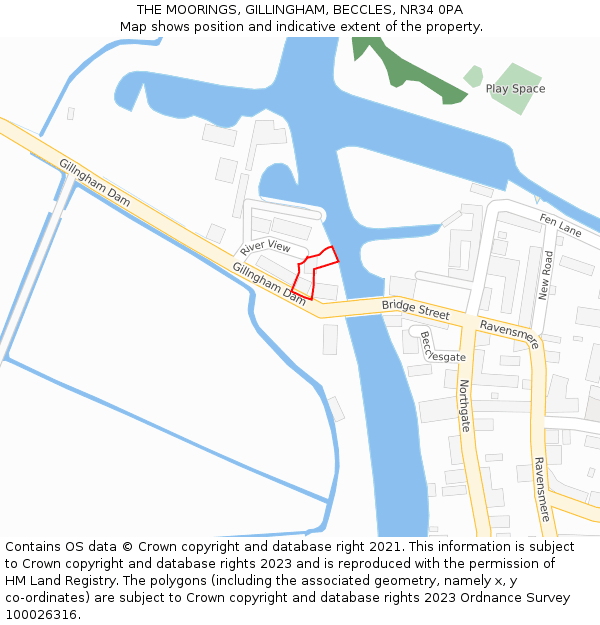 THE MOORINGS, GILLINGHAM, BECCLES, NR34 0PA: Location map and indicative extent of plot