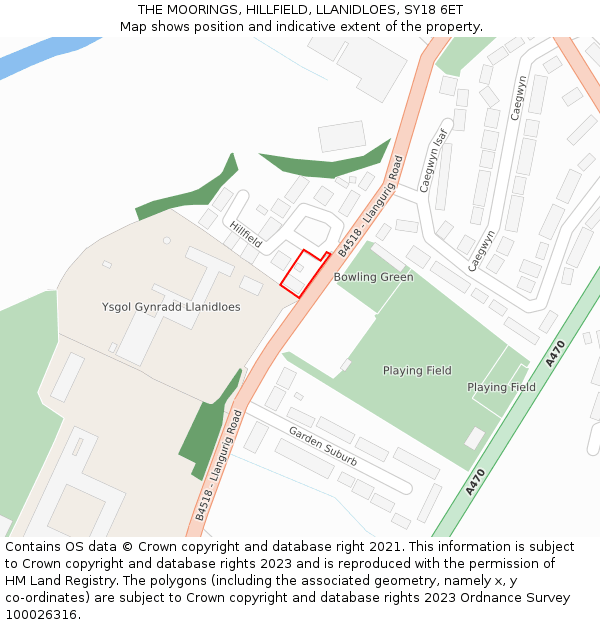 THE MOORINGS, HILLFIELD, LLANIDLOES, SY18 6ET: Location map and indicative extent of plot