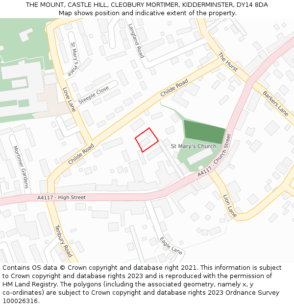 THE MOUNT, CASTLE HILL, CLEOBURY MORTIMER, KIDDERMINSTER, DY14 8DA: Location map and indicative extent of plot