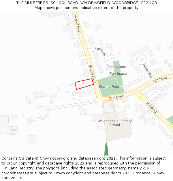 THE MULBERRIES, SCHOOL ROAD, WALDRINGFIELD, WOODBRIDGE, IP12 4QR: Location map and indicative extent of plot