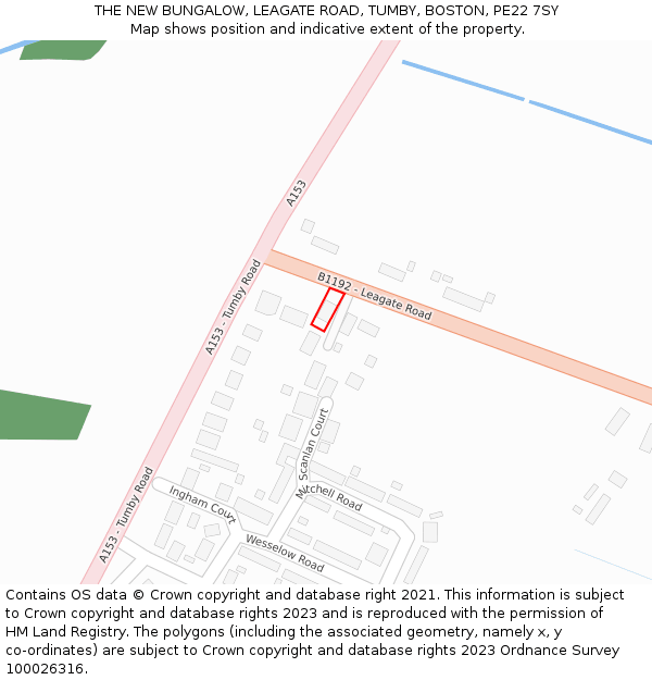 THE NEW BUNGALOW, LEAGATE ROAD, TUMBY, BOSTON, PE22 7SY: Location map and indicative extent of plot