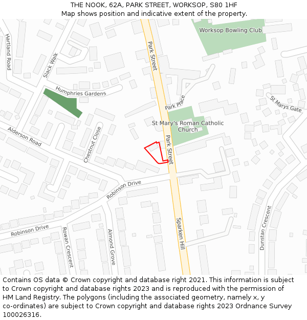 THE NOOK, 62A, PARK STREET, WORKSOP, S80 1HF: Location map and indicative extent of plot