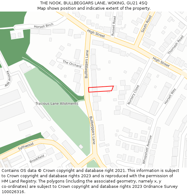 THE NOOK, BULLBEGGARS LANE, WOKING, GU21 4SQ: Location map and indicative extent of plot