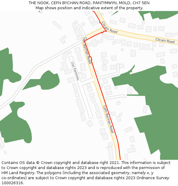 THE NOOK, CEFN BYCHAN ROAD, PANTYMWYN, MOLD, CH7 5EN: Location map and indicative extent of plot