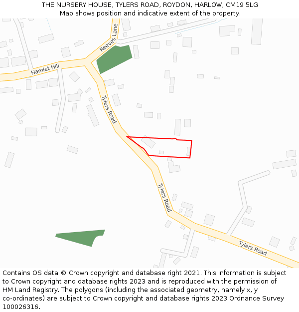 THE NURSERY HOUSE, TYLERS ROAD, ROYDON, HARLOW, CM19 5LG: Location map and indicative extent of plot