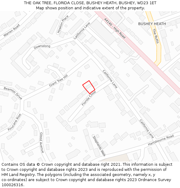 THE OAK TREE, FLORIDA CLOSE, BUSHEY HEATH, BUSHEY, WD23 1ET: Location map and indicative extent of plot