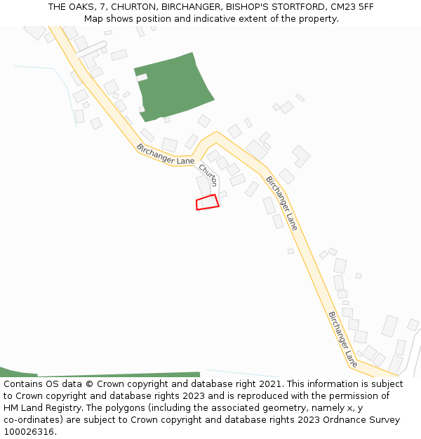 THE OAKS, 7, CHURTON, BIRCHANGER, BISHOP'S STORTFORD, CM23 5FF: Location map and indicative extent of plot