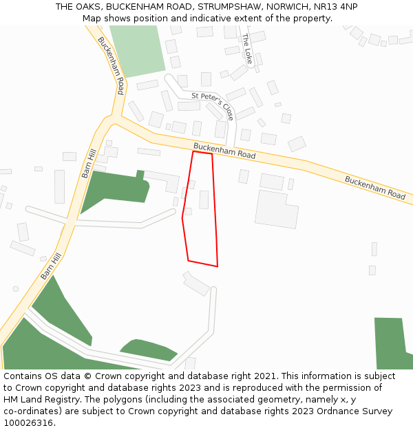 THE OAKS, BUCKENHAM ROAD, STRUMPSHAW, NORWICH, NR13 4NP: Location map and indicative extent of plot