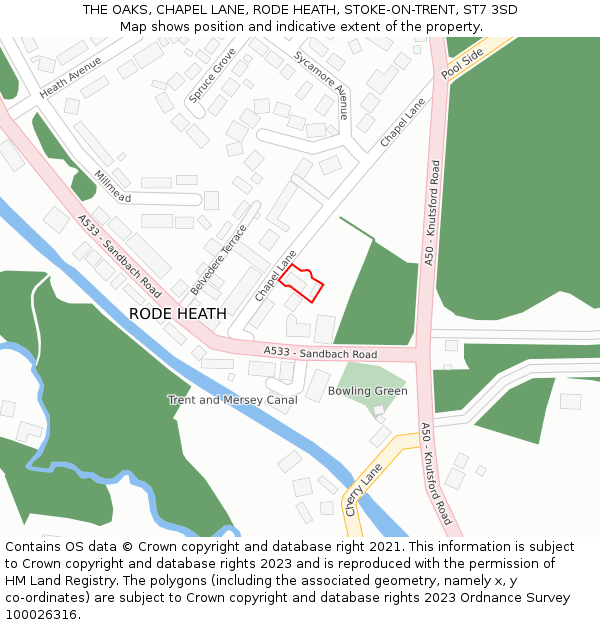 THE OAKS, CHAPEL LANE, RODE HEATH, STOKE-ON-TRENT, ST7 3SD: Location map and indicative extent of plot