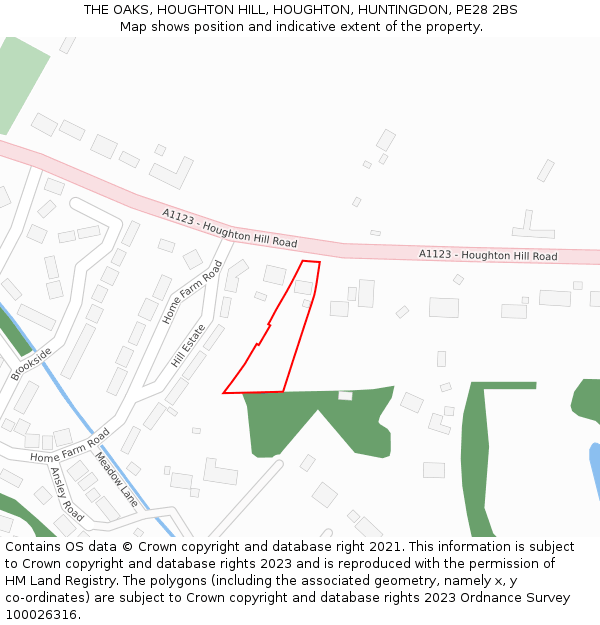 THE OAKS, HOUGHTON HILL, HOUGHTON, HUNTINGDON, PE28 2BS: Location map and indicative extent of plot