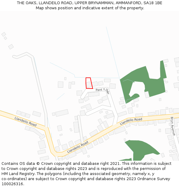 THE OAKS, LLANDEILO ROAD, UPPER BRYNAMMAN, AMMANFORD, SA18 1BE: Location map and indicative extent of plot