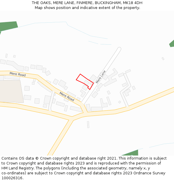 THE OAKS, MERE LANE, FINMERE, BUCKINGHAM, MK18 4DH: Location map and indicative extent of plot