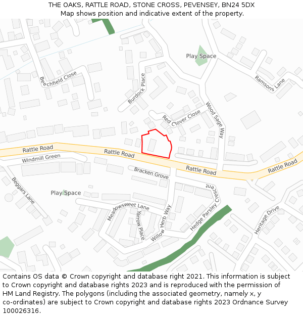 THE OAKS, RATTLE ROAD, STONE CROSS, PEVENSEY, BN24 5DX: Location map and indicative extent of plot