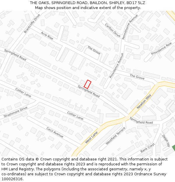 THE OAKS, SPRINGFIELD ROAD, BAILDON, SHIPLEY, BD17 5LZ: Location map and indicative extent of plot