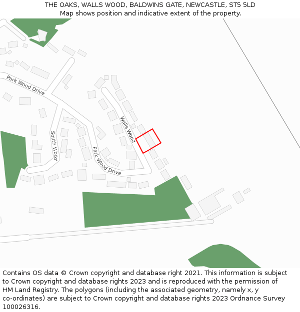 THE OAKS, WALLS WOOD, BALDWINS GATE, NEWCASTLE, ST5 5LD: Location map and indicative extent of plot