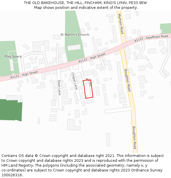 THE OLD BAKEHOUSE, THE HILL, FINCHAM, KING'S LYNN, PE33 9EW: Location map and indicative extent of plot