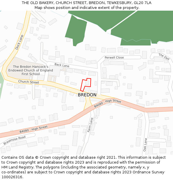 THE OLD BAKERY, CHURCH STREET, BREDON, TEWKESBURY, GL20 7LA: Location map and indicative extent of plot