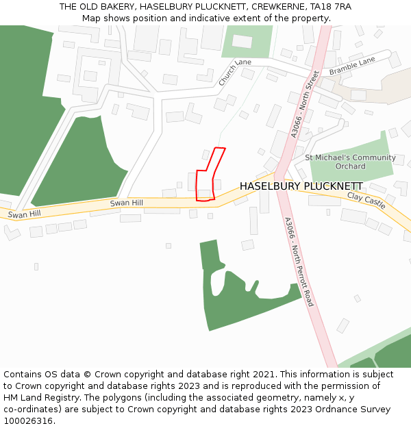 THE OLD BAKERY, HASELBURY PLUCKNETT, CREWKERNE, TA18 7RA: Location map and indicative extent of plot