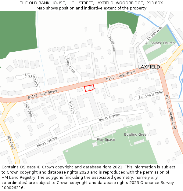 THE OLD BANK HOUSE, HIGH STREET, LAXFIELD, WOODBRIDGE, IP13 8DX: Location map and indicative extent of plot