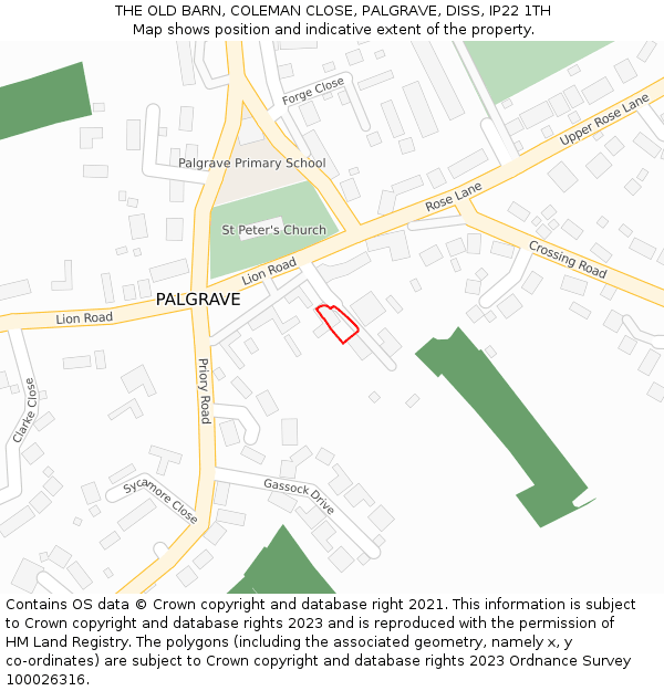 THE OLD BARN, COLEMAN CLOSE, PALGRAVE, DISS, IP22 1TH: Location map and indicative extent of plot