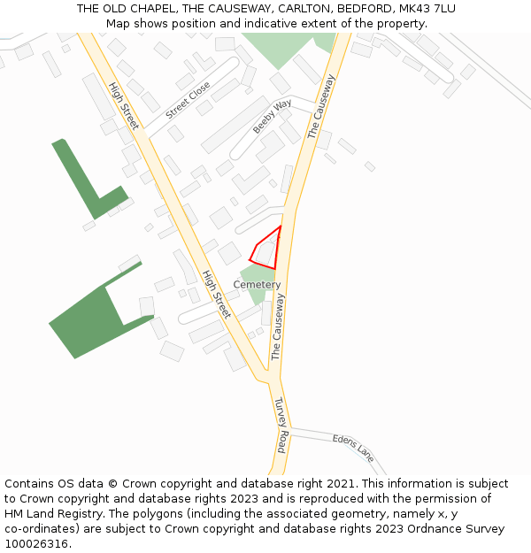 THE OLD CHAPEL, THE CAUSEWAY, CARLTON, BEDFORD, MK43 7LU: Location map and indicative extent of plot