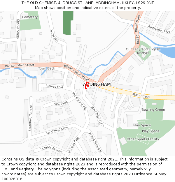 THE OLD CHEMIST, 4, DRUGGIST LANE, ADDINGHAM, ILKLEY, LS29 0NT: Location map and indicative extent of plot