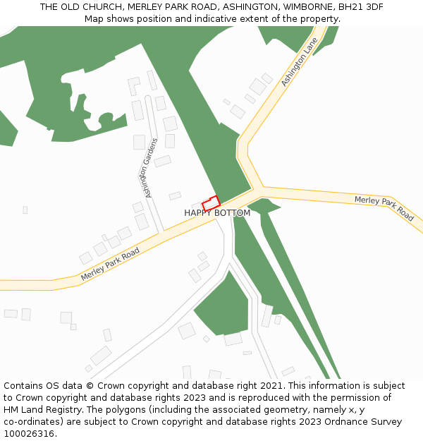 THE OLD CHURCH, MERLEY PARK ROAD, ASHINGTON, WIMBORNE, BH21 3DF: Location map and indicative extent of plot