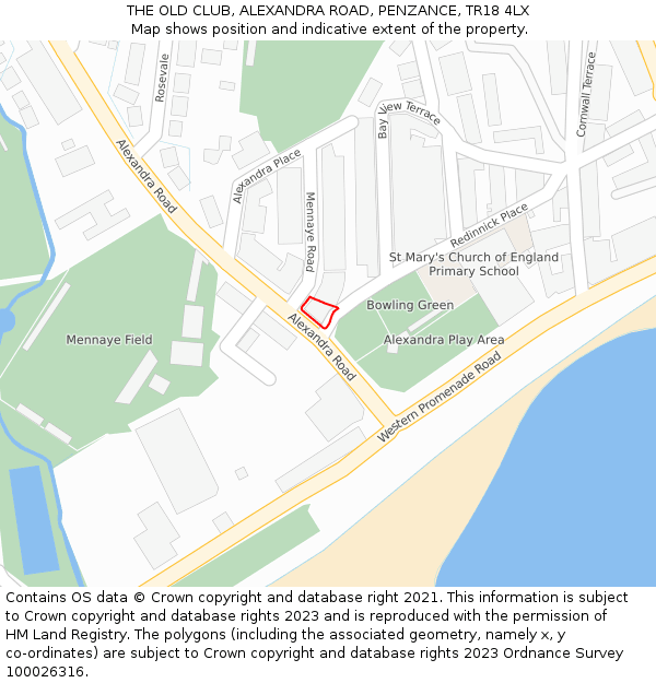 THE OLD CLUB, ALEXANDRA ROAD, PENZANCE, TR18 4LX: Location map and indicative extent of plot