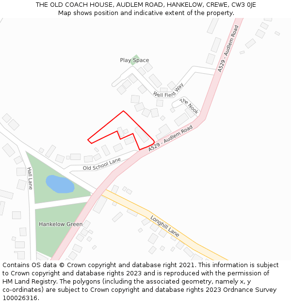 THE OLD COACH HOUSE, AUDLEM ROAD, HANKELOW, CREWE, CW3 0JE: Location map and indicative extent of plot