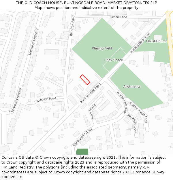 THE OLD COACH HOUSE, BUNTINGSDALE ROAD, MARKET DRAYTON, TF9 1LP: Location map and indicative extent of plot