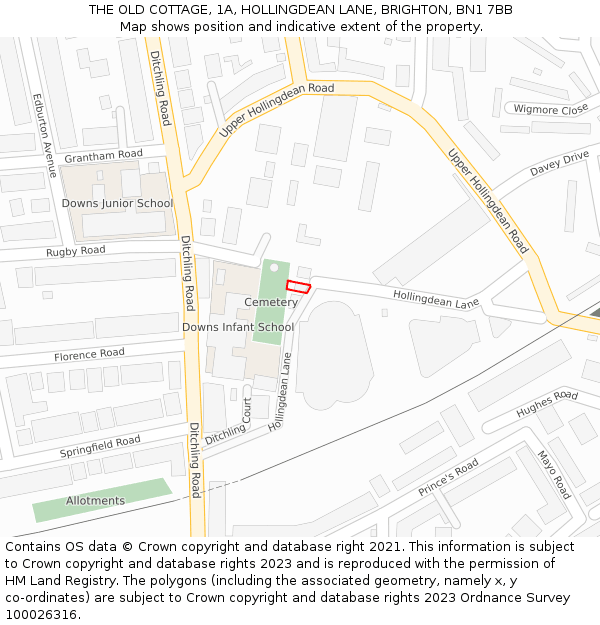 THE OLD COTTAGE, 1A, HOLLINGDEAN LANE, BRIGHTON, BN1 7BB: Location map and indicative extent of plot