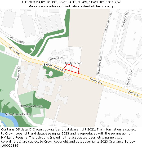 THE OLD DAIRY HOUSE, LOVE LANE, SHAW, NEWBURY, RG14 2DY: Location map and indicative extent of plot