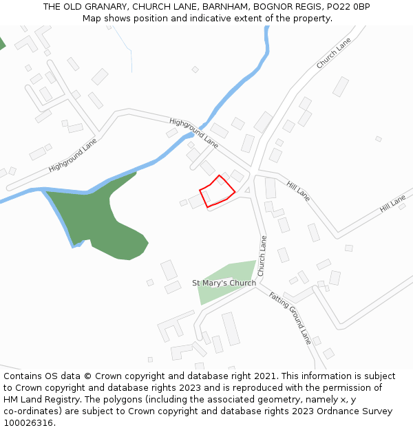 THE OLD GRANARY, CHURCH LANE, BARNHAM, BOGNOR REGIS, PO22 0BP: Location map and indicative extent of plot