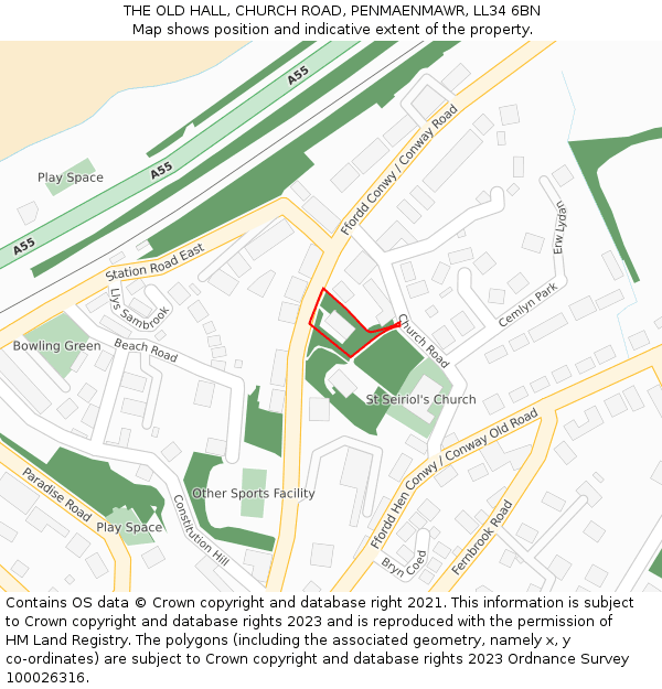 THE OLD HALL, CHURCH ROAD, PENMAENMAWR, LL34 6BN: Location map and indicative extent of plot