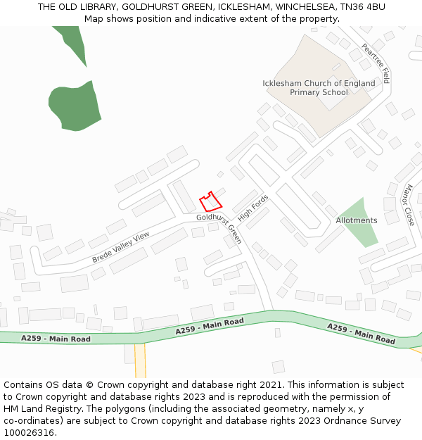 THE OLD LIBRARY, GOLDHURST GREEN, ICKLESHAM, WINCHELSEA, TN36 4BU: Location map and indicative extent of plot