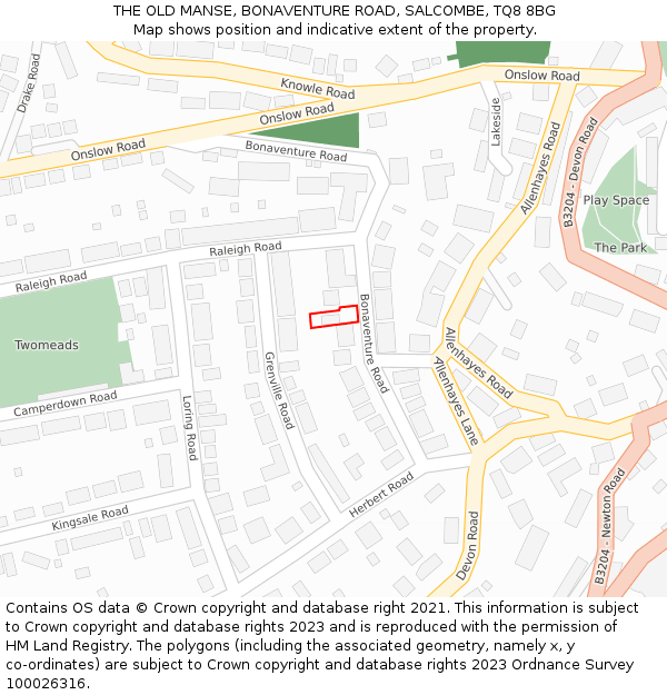 THE OLD MANSE, BONAVENTURE ROAD, SALCOMBE, TQ8 8BG: Location map and indicative extent of plot