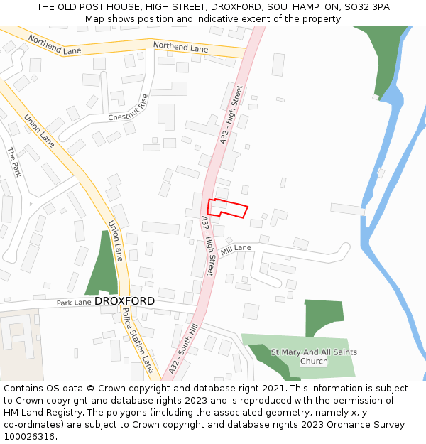 THE OLD POST HOUSE, HIGH STREET, DROXFORD, SOUTHAMPTON, SO32 3PA: Location map and indicative extent of plot