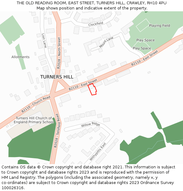 THE OLD READING ROOM, EAST STREET, TURNERS HILL, CRAWLEY, RH10 4PU: Location map and indicative extent of plot