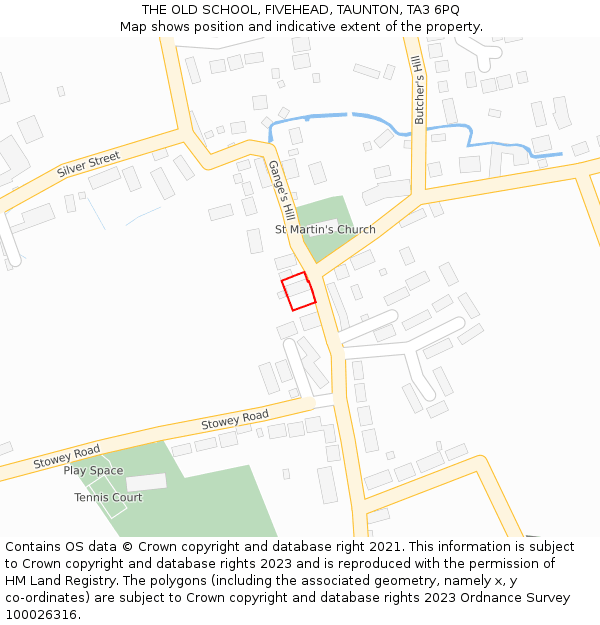 THE OLD SCHOOL, FIVEHEAD, TAUNTON, TA3 6PQ: Location map and indicative extent of plot
