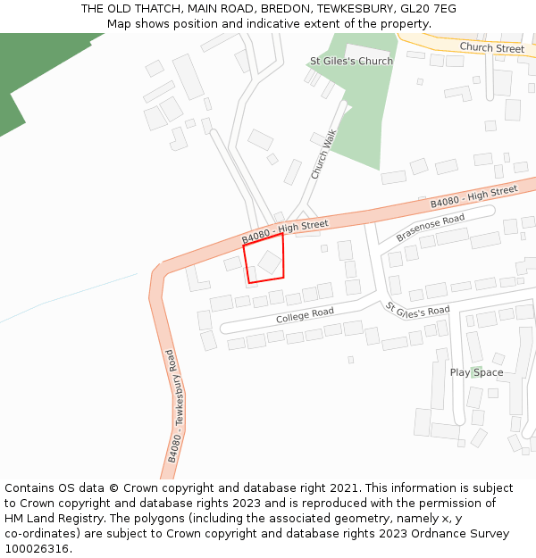 THE OLD THATCH, MAIN ROAD, BREDON, TEWKESBURY, GL20 7EG: Location map and indicative extent of plot